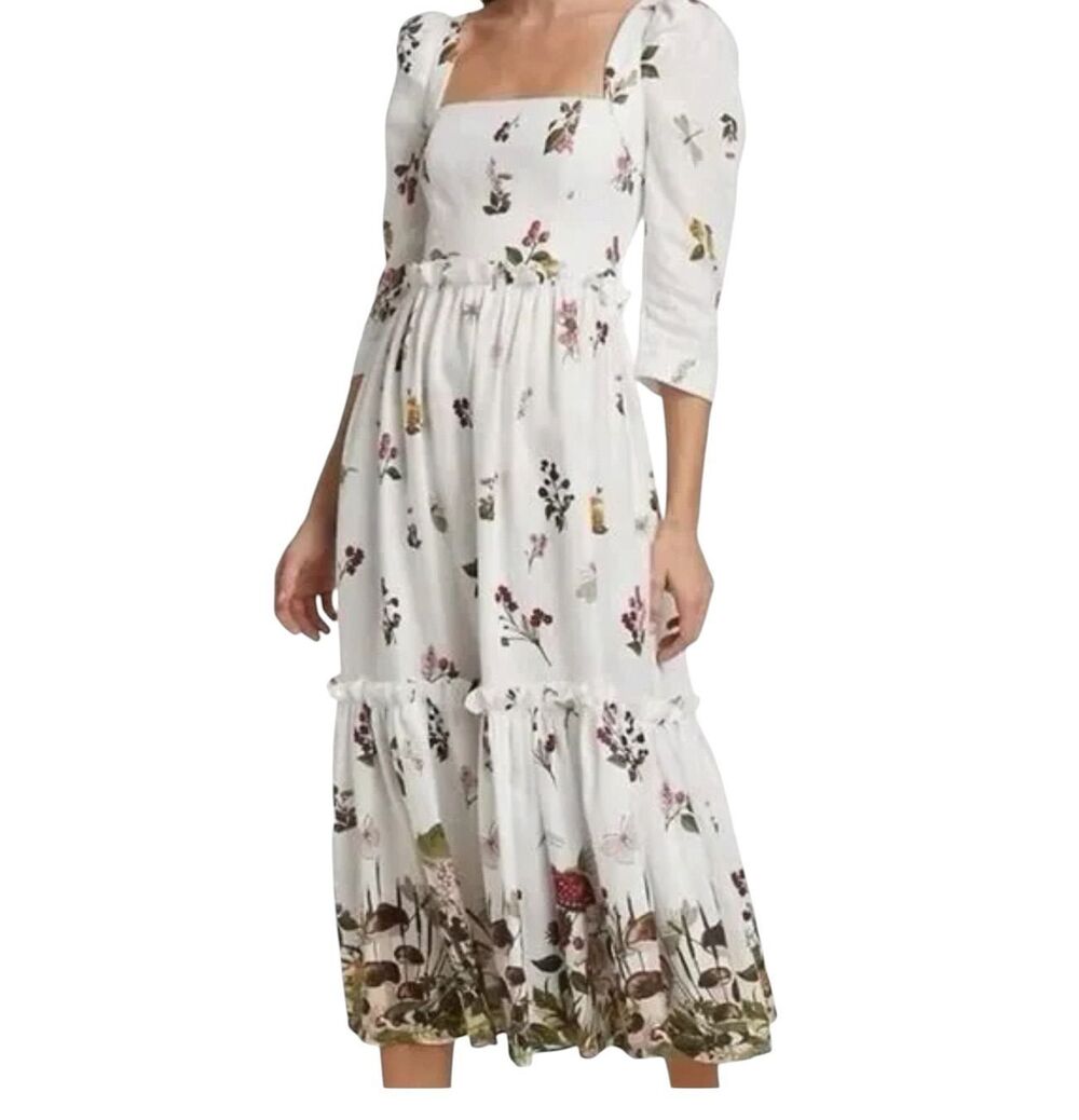 Cara Cara Floral Midi Dress Size 8 White Puff Sleeve Cottagecore Designer Dress